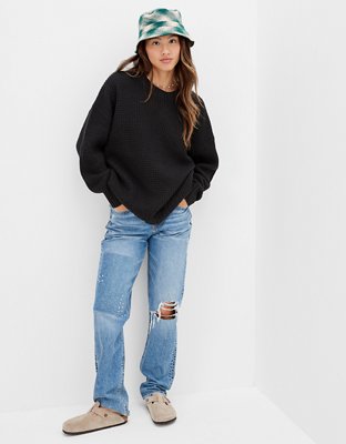 Waffle Knit Hi-Lo Sweater and Wide Leg Pants Set in Black