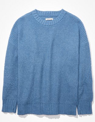 Fluffy Waffle-Knit Sweater in Dusty Blue - Retro, Indie and Unique Fashion