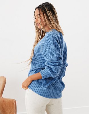 Blue Waffle Knit Round Neck Sweater