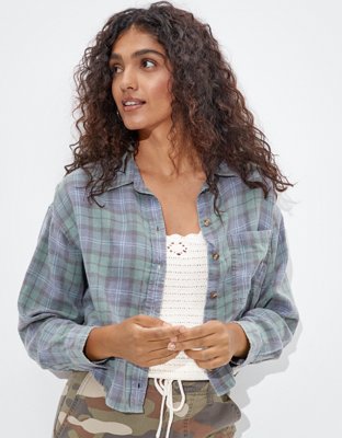 AE Plaid Cropped Button Up Shirt
