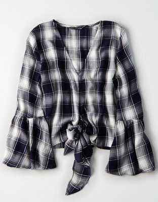 Женские топы American Eagle AE Plaid Long Sleeve Tie Front Top — фото 3