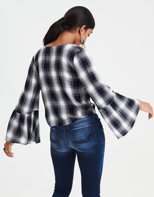 Женские топы American Eagle AE Plaid Long Sleeve Tie Front Top — фото 2