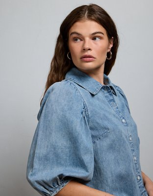 Женская рубашка American Eagle AE77 Puff-Sleeve Denim Shirt, цвет: Средняя варка — фото 6
