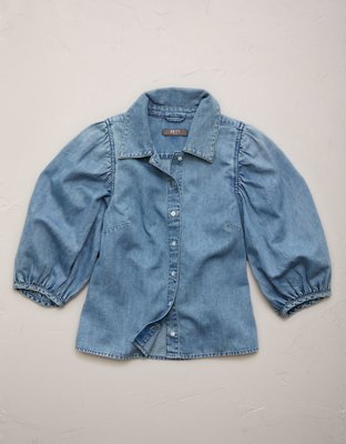 Женская рубашка American Eagle AE77 Puff-Sleeve Denim Shirt, цвет: Средняя варка — фото 3