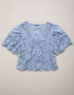Женская блузка American Eagle AE77 Eyelet Lace Short-Sleeve, цвет: Светлый синий — фото 3