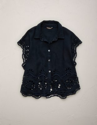 Женская рубашка American Eagle AE77 Embroidered Linen-Blend Button-Up, цвет: Тёмно-синий — фото 3