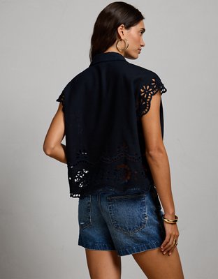 Женская рубашка American Eagle AE77 Embroidered Linen-Blend Button-Up, цвет: Тёмно-синий — фото 2