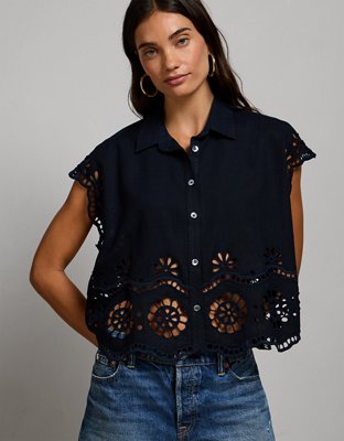 Женская рубашка American Eagle AE77 Embroidered Linen-Blend Button-Up, цвет: Тёмно-синий — фото 5