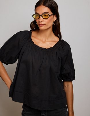 Женский топ American Eagle AE77 Puff Sleeve Cropped, цвет: Чёрный — фото 7