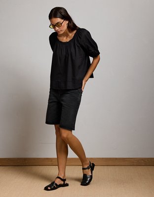 Женский топ American Eagle AE77 Puff Sleeve Cropped, цвет: Чёрный — фото 5
