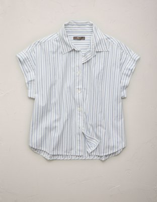 Женская рубашка American Eagle AE77 Cropped Poplin Short-Sleeve, цвет: Светлый синий — фото 3