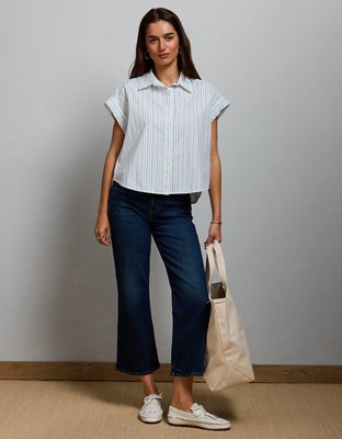 Женская рубашка American Eagle AE77 Cropped Poplin Short-Sleeve, цвет: Светлый синий — фото 5