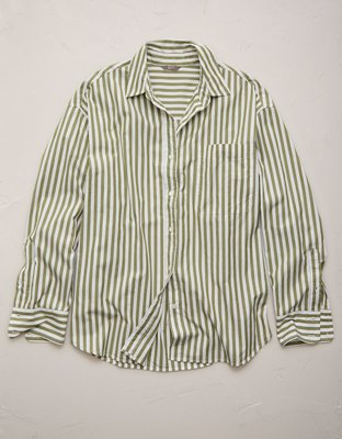AE77 Premium Oversized Poplin Button-Up Shirt Women's Olive XS