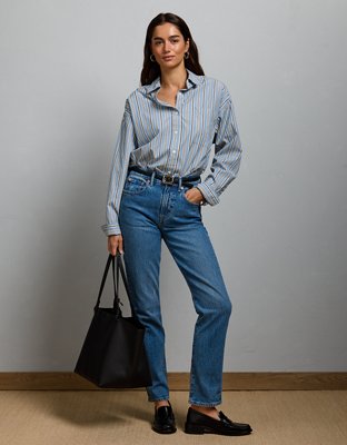 Женская рубашка American Eagle AE77 Premium Oversized Poplin Button-Up, цвет: Синий — фото 7