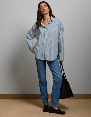 Женская рубашка American Eagle AE77 Premium Oversized Poplin Button-Up, цвет: Синий — фото 5