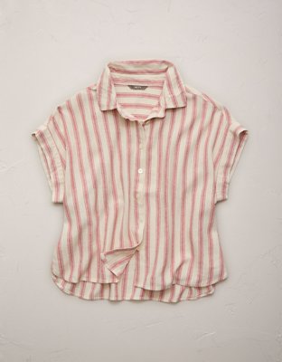 Женская рубашка American Eagle AE77 Boxy Linen-Blend Button-Up, цвет: Кирпичный красный — фото 3