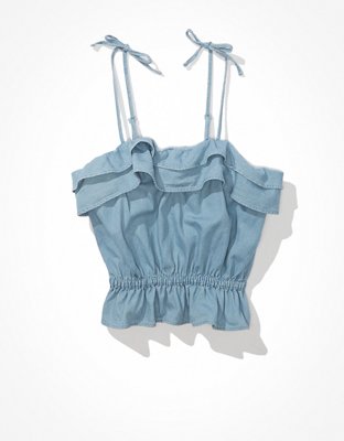 AE Top Crop de denim con tiras para atar y volante