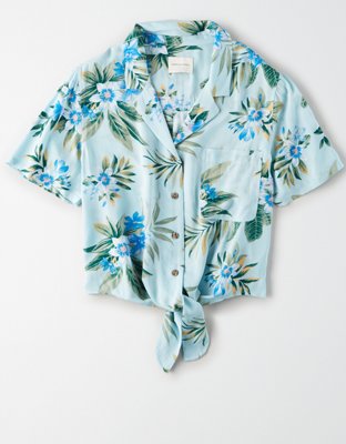 AE Tropical Tie Front Button-Up Shirt