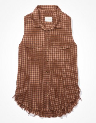 AE Sleeveless Flannel Button-Up Vest