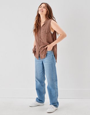 AE Sleeveless Flannel Button-Up Vest