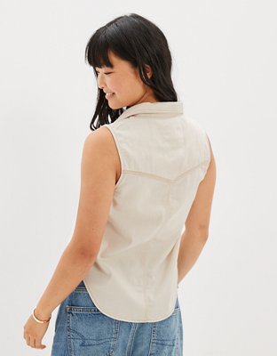 AE Sleeveless White Denim Button-Up Vest