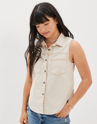 AE Chaleco de denim blanco sin mangas con botones