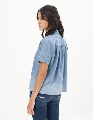 Женские рубашки American Eagle AE Short-Sleeve Denim Button-Up Shirt — фото 2