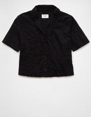 AE Cropped Eyelet Button-Up Shirt