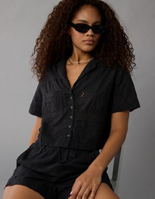 AE Cropped Eyelet Button-Up Shirt
