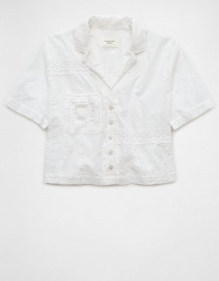 AE Cropped Eyelet Button-Up Shirt