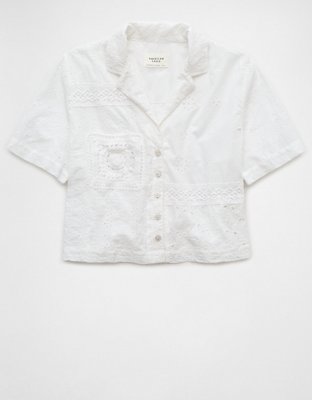 AE Cropped Eyelet Button-Up Shirt