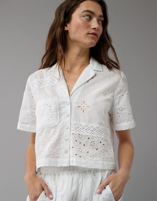 AE Cropped Eyelet Button-Up Shirt