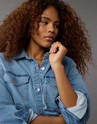 Женские рубашки American Eagle AE Dreamy Drape Cozy Long-Sleeve Button-Up Denim Shirt — фото 6