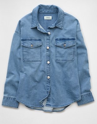 AE Dreamy Drape Cozy Long-Sleeve Button-Up Denim Shirt