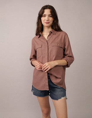 AE Camisa Manga Larga de Mezcla de Lino con Botones Estilo Fin de Semana