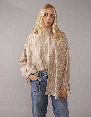 AE Go Big Camisa Extragrande de Mezcla de Lino con Mangas con Lazo