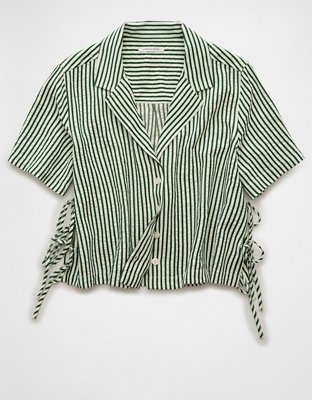 AE Short-Sleeve Tie Side Striped Button-Up Shirt