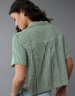 AE Short-Sleeve Tie Side Striped Button-Up Shirt