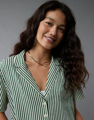 AE Short-Sleeve Tie Side Striped Button-Up Shirt