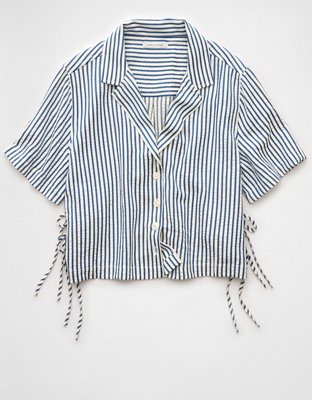 AE Short-Sleeve Tie Side Striped Button-Up Shirt