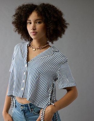 AE Short-Sleeve Tie Side Striped Button-Up Shirt