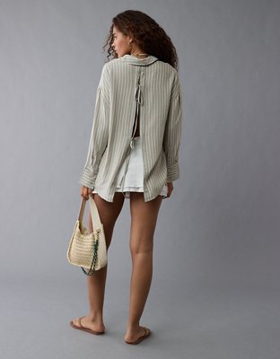 AE Long-Sleeve Tie Back Button-Up Shirt