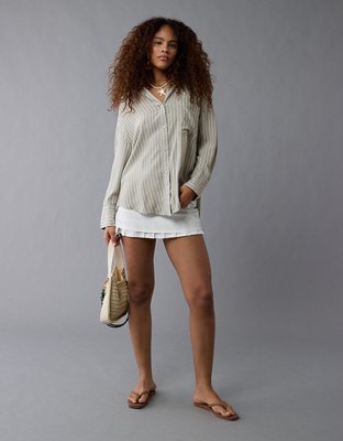 AE Long-Sleeve Tie Back Button-Up Shirt