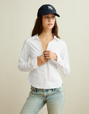 Женская рубашка American Eagle AE Fitted Poplin Button-Up, цвет: Белый — фото 5