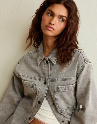Женские куртки American Eagle AE Oversized Denim Shacket, цвет: Серый — фото 7