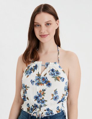 AE Printed Drawstring Halter Top