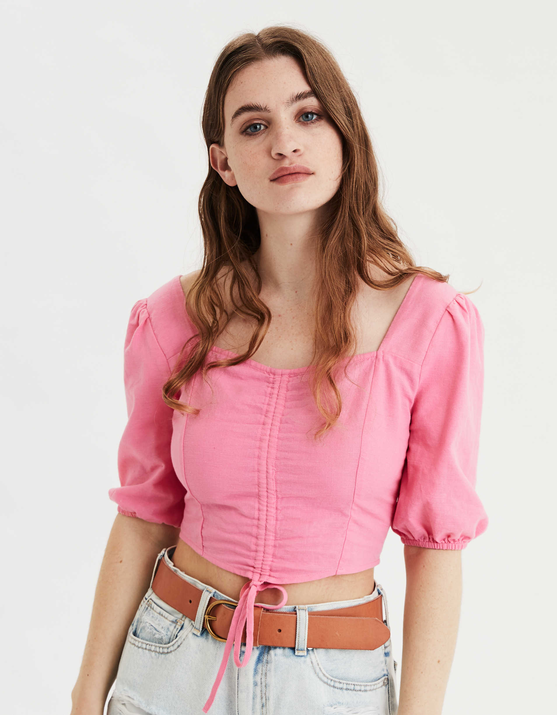 AE Ruched Puff Sleeve Crop Top