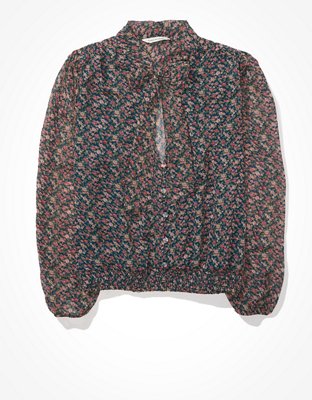 Image of AE Chiffon Kitten Bow Blouse Women's Black XXS