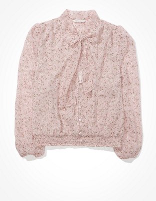 Image of AE Chiffon Kitten Bow Blouse Women's Cream XXS