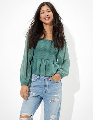 American eagle smocked off the best sale shoulder top